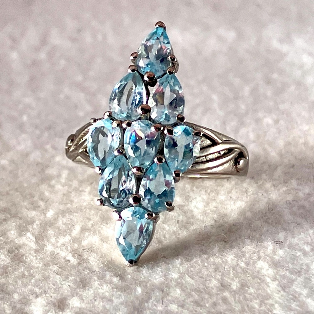 Pear Cut Elongated Blue Topaz Ring Low Profile Marquise Shape in Stainless Steel